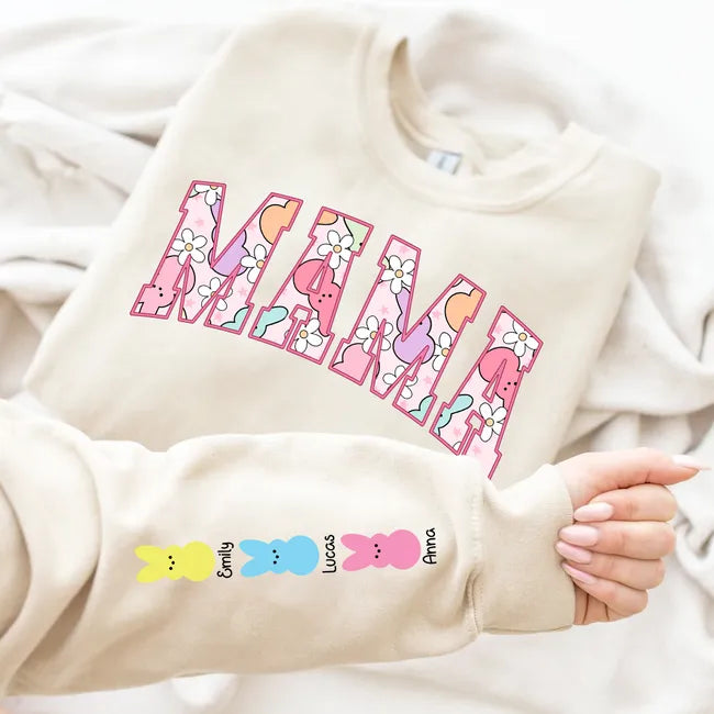 Personalized Retro Easter Bunny Fabric Shirt, Custom Grandma Shirt With Bunny Kids Name On Sleeve