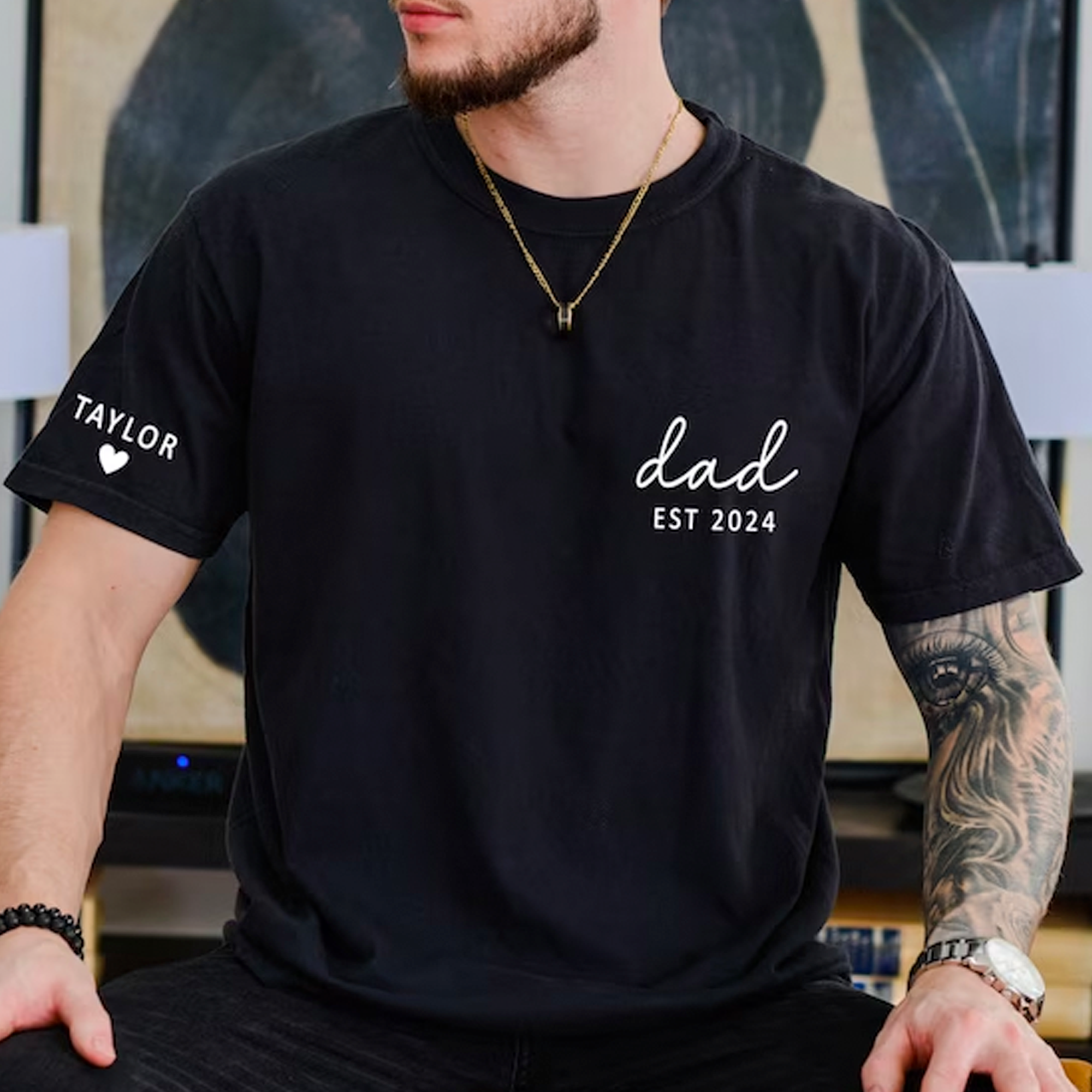 Personalized Dad Est Year T-shirt, Custom Children Names On Sleeve Shirt, Dada Est 2025 2025, Father's Day Gift, New Papa