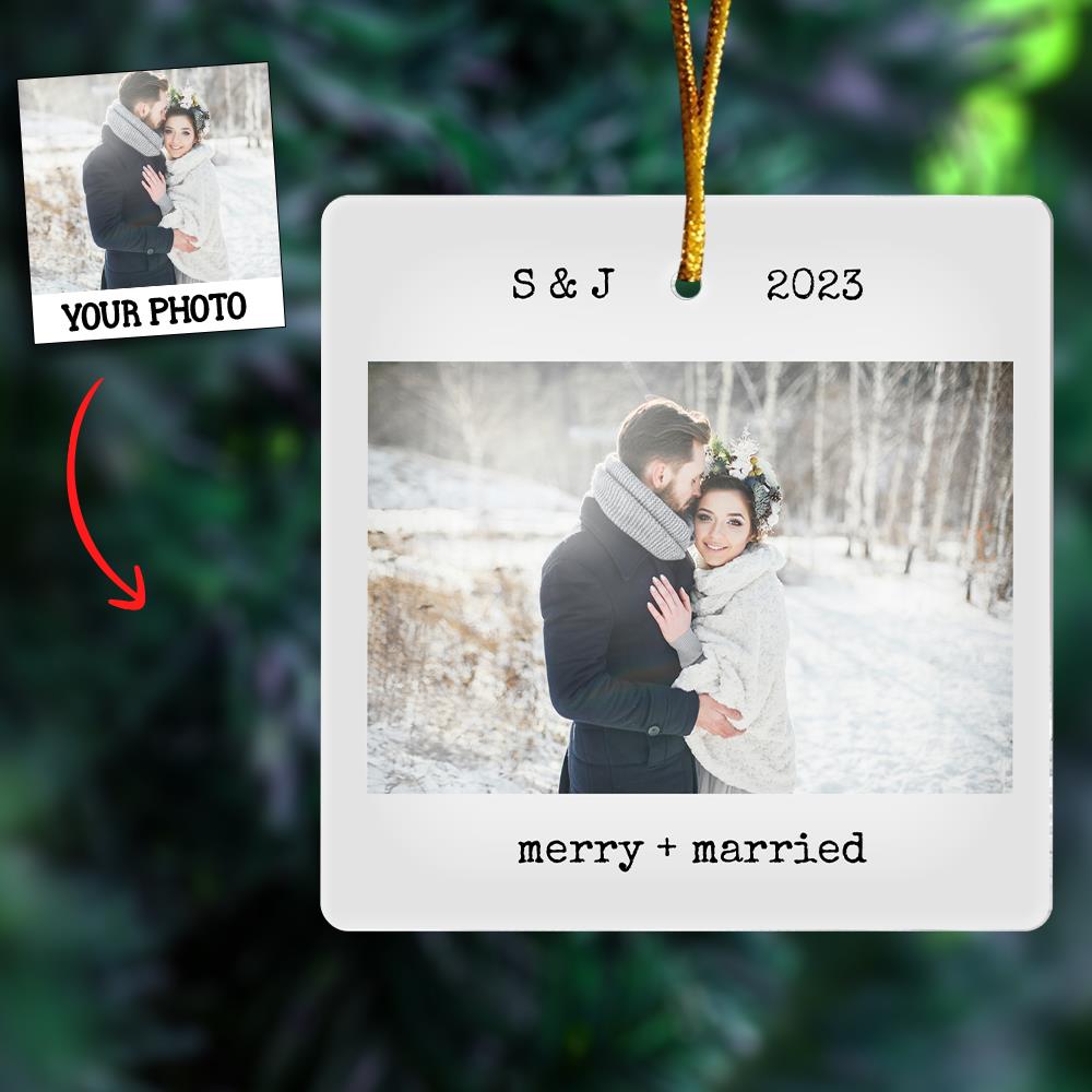 Personalized Square Ornaments Customized Couple Photos With "Marry+Married" Christmas Gifts