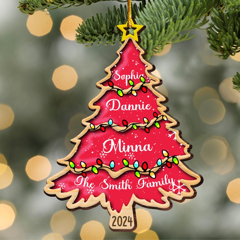Christmas Tree With Family Names And Led Lights - Personalized Wooden Ornament