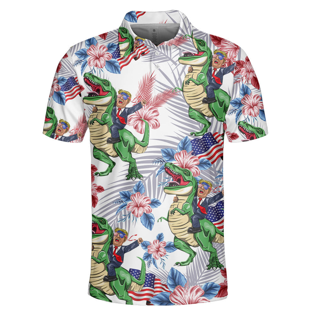 Funny Dinosaur American Flag Polo Shirt, Voting Felon Independence Day Shirt