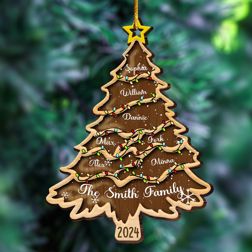 Christmas Tree With Family Names And Led Lights - Personalized Wooden Ornament