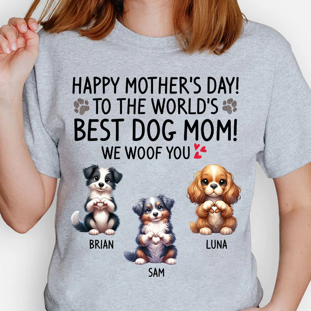 Happy Mother's Day Best Dog Mom I Woof You Custom Shirt For Dog Lovers - Dogs Giving Heart Hand Sign Cute Art Shirt