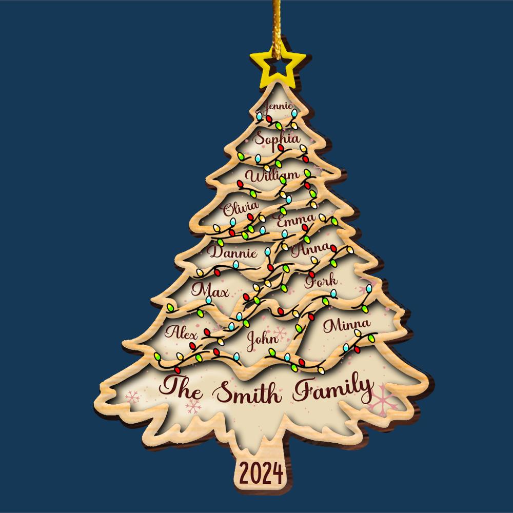 Christmas Tree With Family Names And Led Lights - Personalized Wooden Ornament