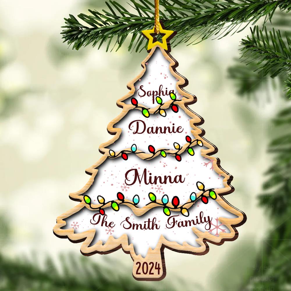 Christmas Tree With Family Names And Led Lights - Personalized Wooden Ornament