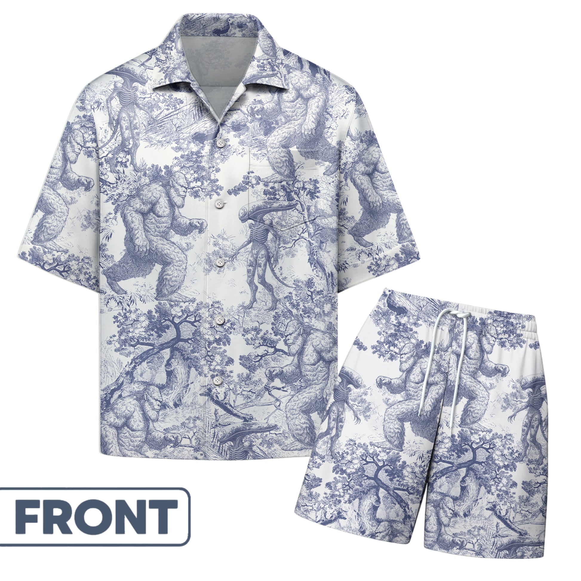Bigfoot Alien Dragon Dinosaur Wolf Toile De Jouy - Personalized Short-Sleeved Silk Shirt Hv01