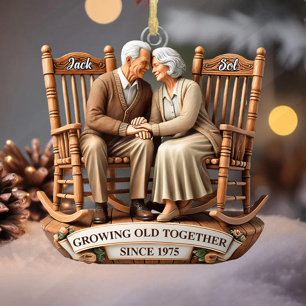 Old Couple Sitting On Rocking Chairs Together - Personalized Ornament Pt99