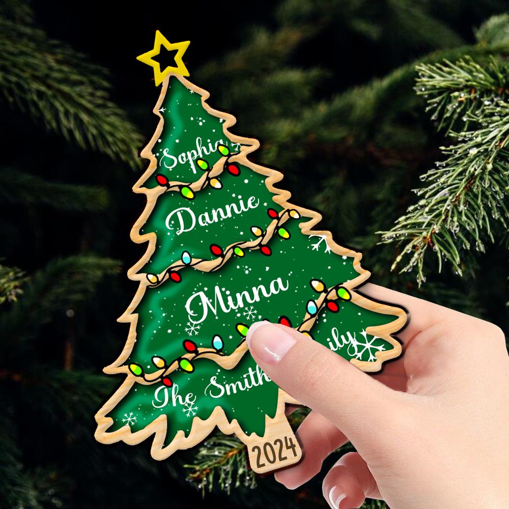 Christmas Tree With Family Names And Led Lights - Personalized Wooden Ornament