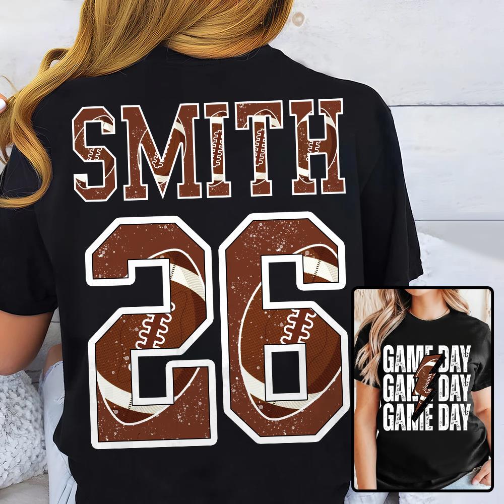 Personalized Football Mom Shirt, Custom Game Day Mom Football Tee, Child Name & Number Football Game Season Shirt, Gameday Sports Mama Tee