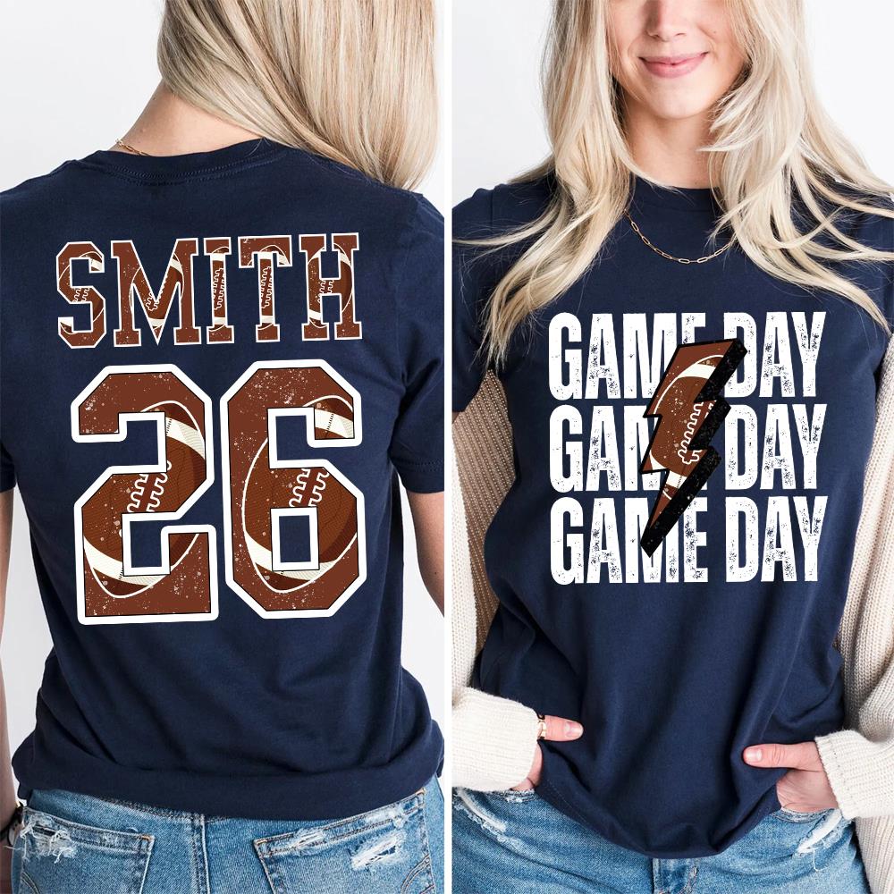 Personalized Football Mom Shirt, Custom Game Day Mom Football Tee, Child Name & Number Football Game Season Shirt, Gameday Sports Mama Tee