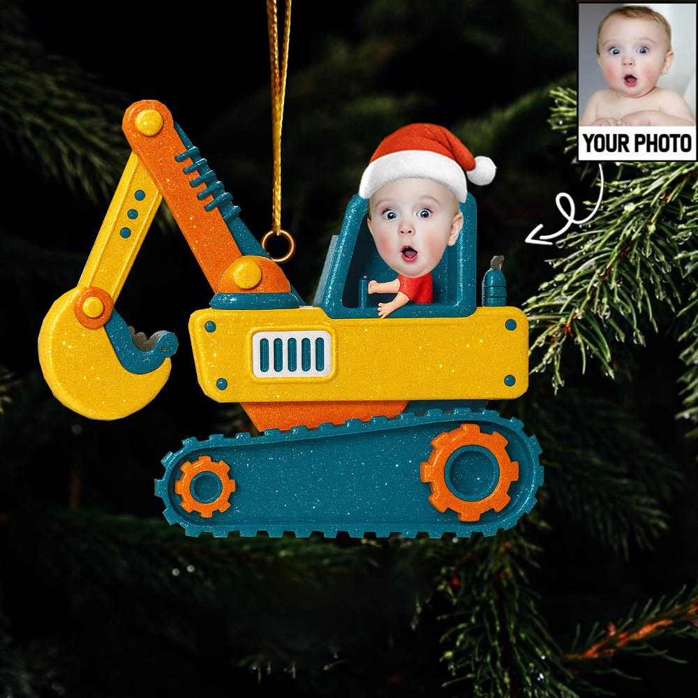 Christmas Boy Riding Construction Vehicle - Personalized Babys Photo First Christmas Ornament  Nh00