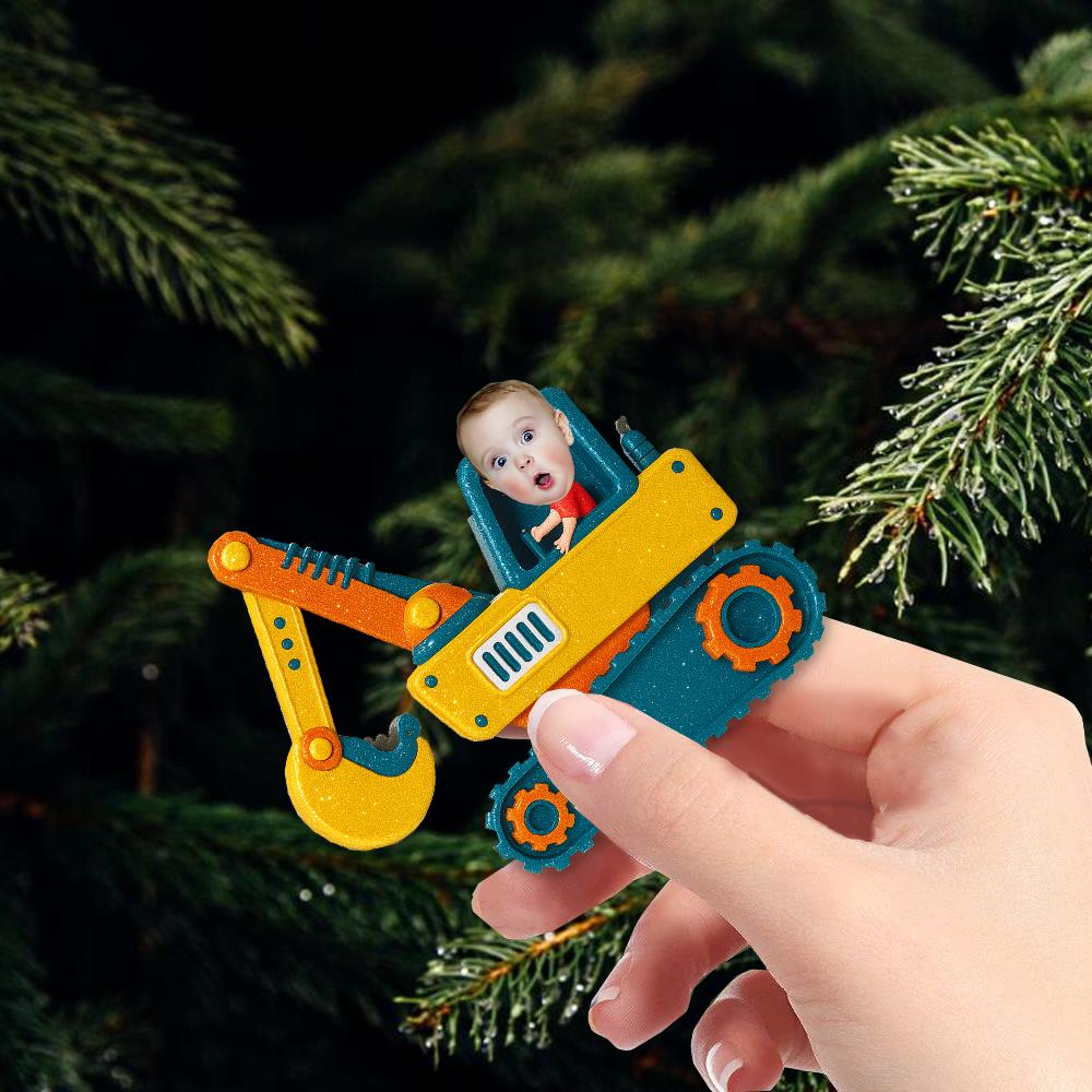 Christmas Boy Riding Construction Vehicle - Personalized Babys Photo First Christmas Ornament  Nh00