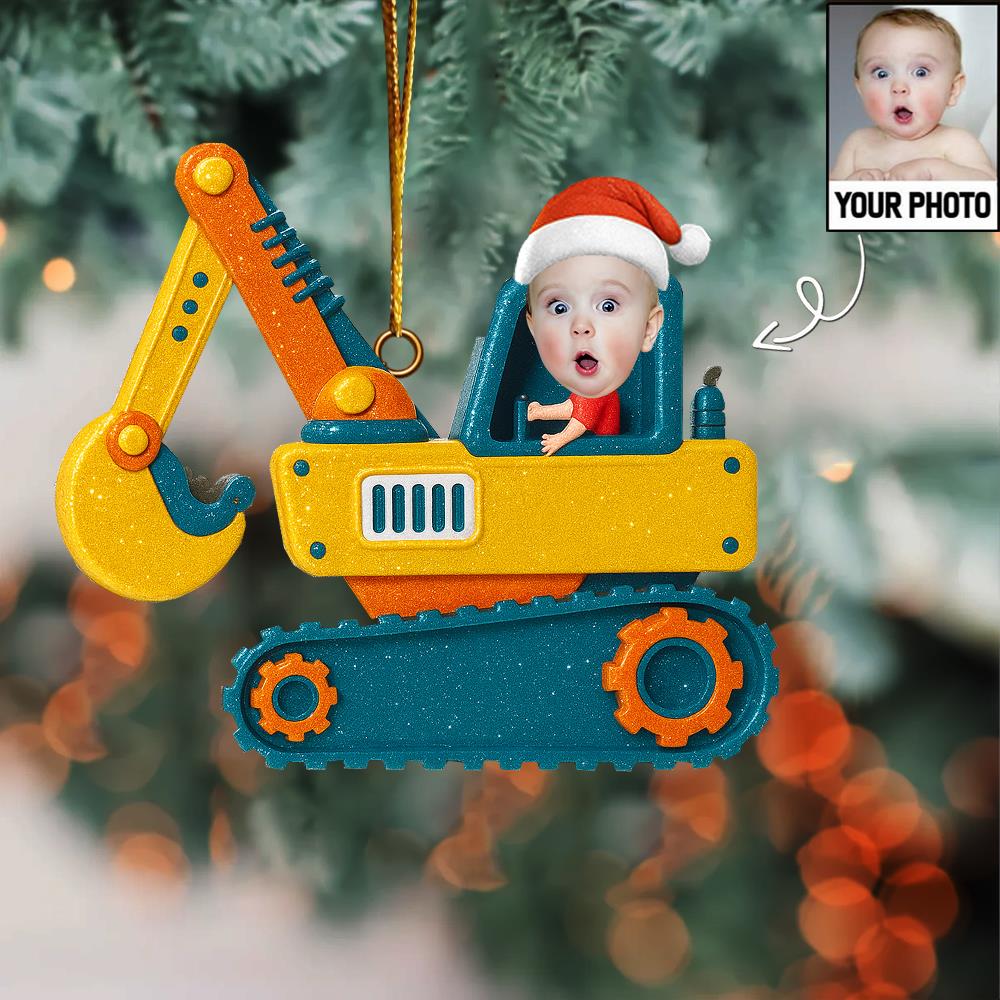Christmas Boy Riding Construction Vehicle - Personalized Babys Photo First Christmas Ornament  Nh00