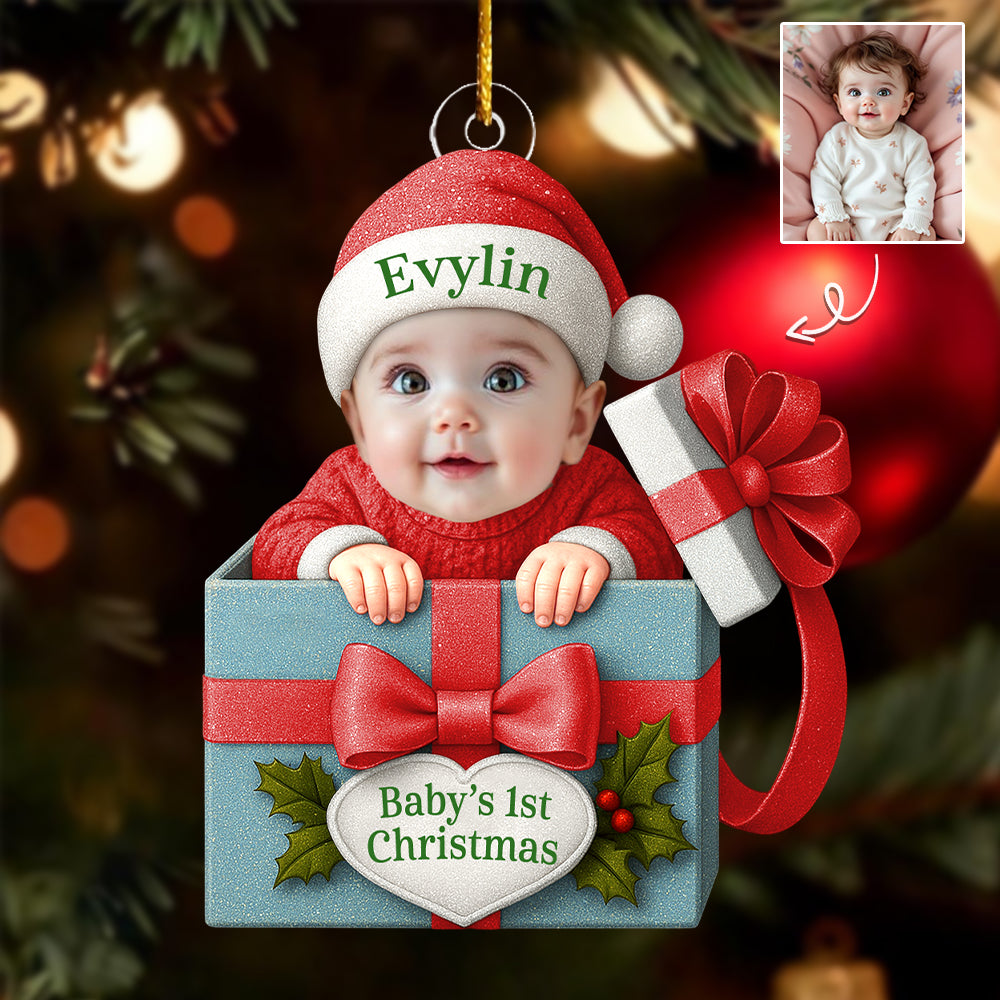 Baby Christmas Gift Box Acrylic Ornament, Personalized Baby Photo Christmas Ornament, Funny Newborn First Christmas Gift T1807