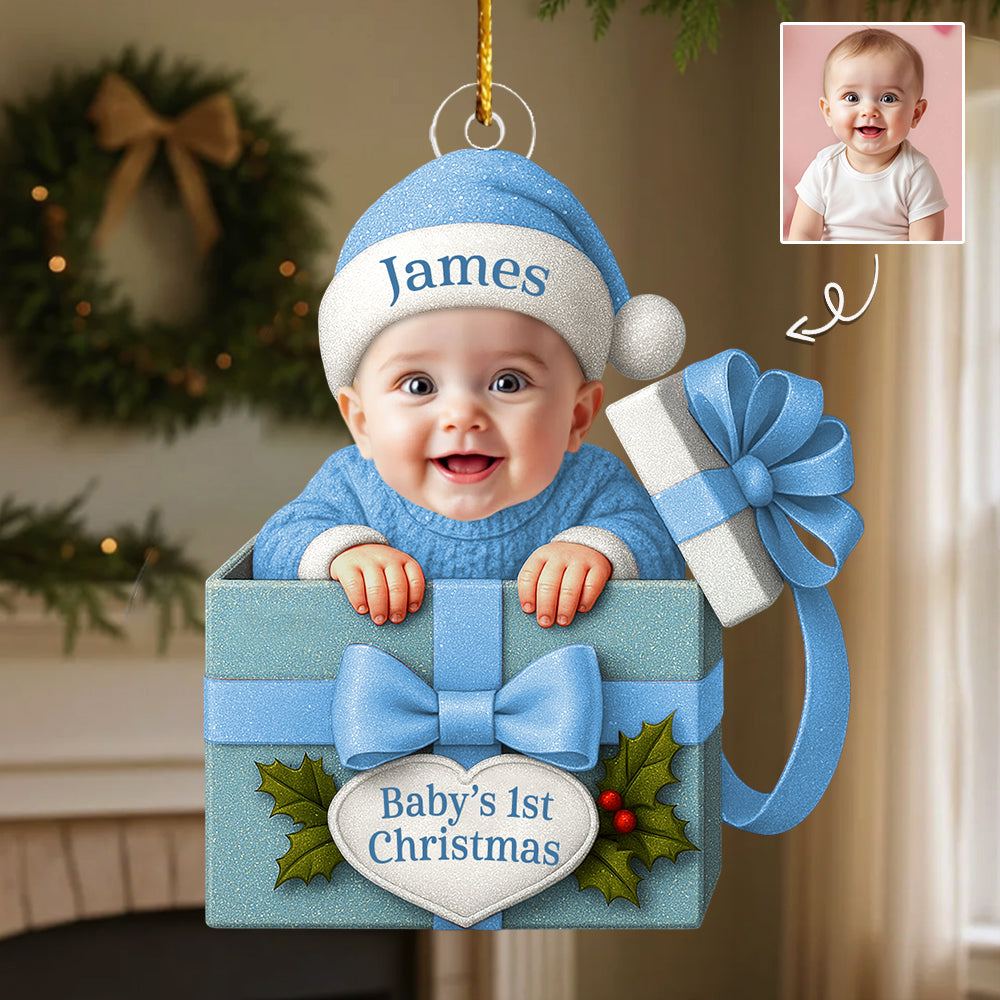 Baby Christmas Gift Box Acrylic Ornament, Personalized Baby Photo Christmas Ornament, Funny Newborn First Christmas Gift T1807