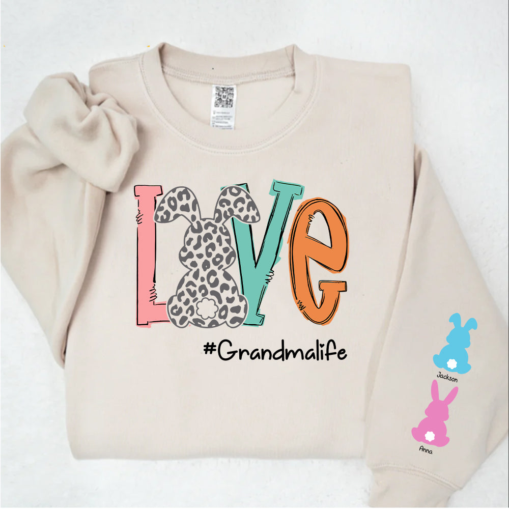 Custom Love Grandma Life Easter Day Shirt, Personalized Shirt For Grandma With Kids Name On Sleeve