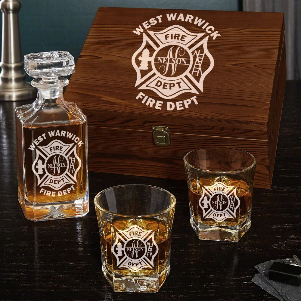 Personalized Firefighter Decanter Set Custom Fire Department with Monogram for Firefighter Gift H2511