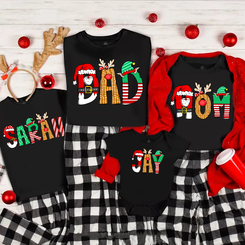 Personalized Cartoon Font Santa Family Matching T-Shirts