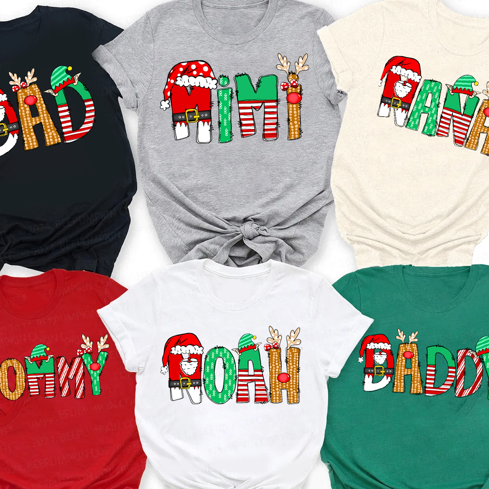 Personalized Cartoon Font Santa Family Matching T-Shirts