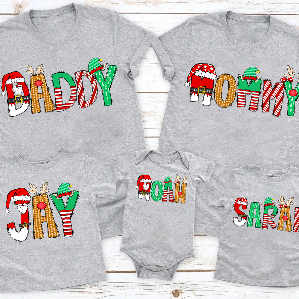 Personalized Cartoon Font Santa Family Matching T-Shirts