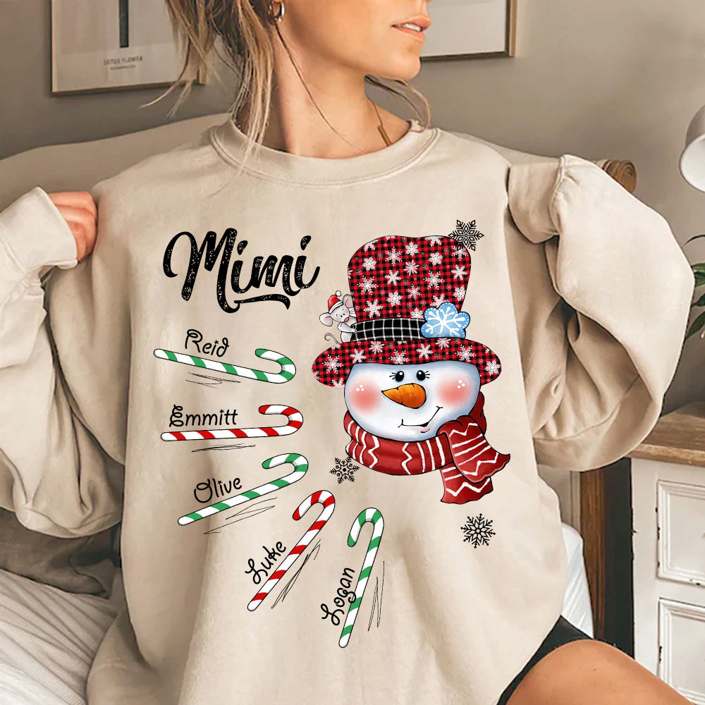 Mimi Snowman Candy Cane Christmas Personalized Sweatshirt - Custom Grandma With Grandkids Name