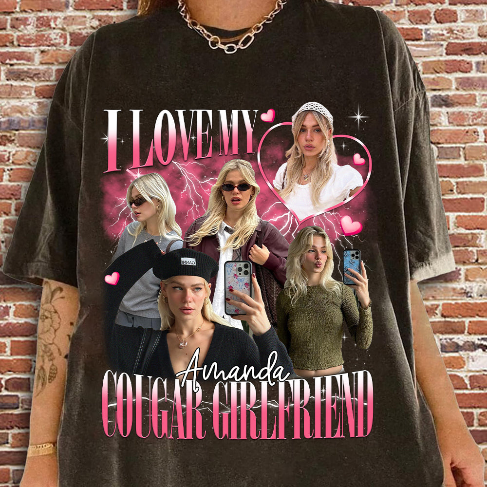 Custom I Love My Cougar Girlfriend Comfort Colors Shirt, I Heart My Cougar Shirt, Valentine Gift I Love My Girlfriend Custom Picture, Girlfriend Bootleg Tee Shirt, 90s Bootleg Shirt