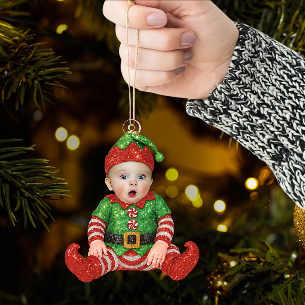 Adorable Newborn Baby Elf - Personalized Babys Photo First Christmas Ornament
