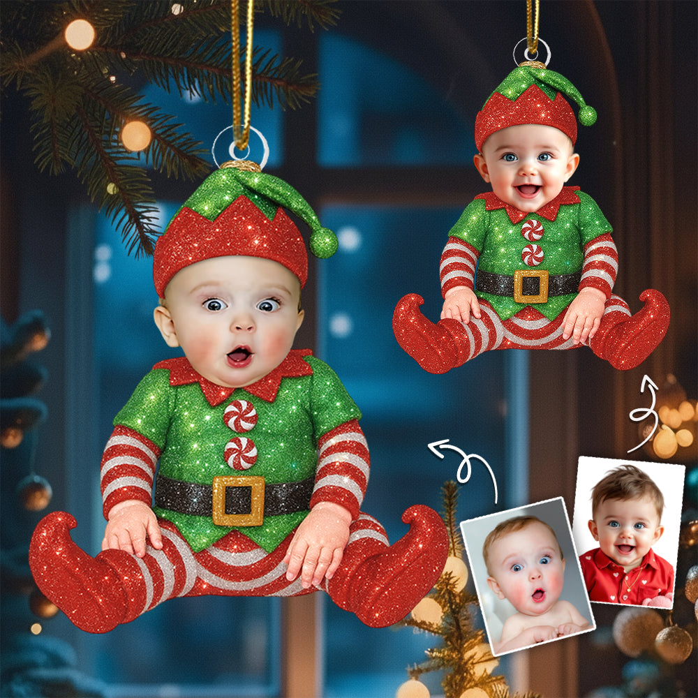 Adorable Newborn Baby Elf - Personalized Babys Photo First Christmas Ornament