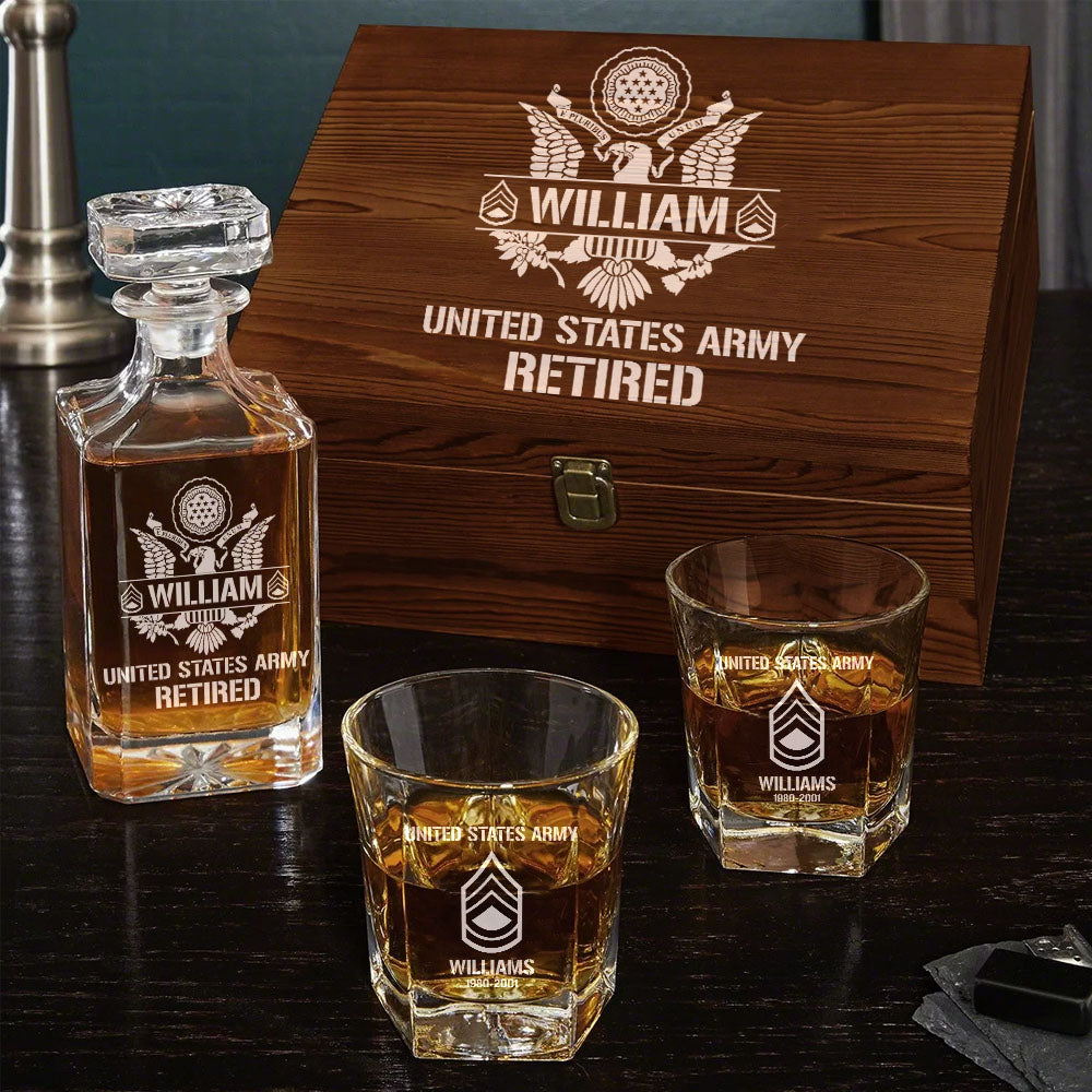 Custom All Branches Whiskey Decanter Set Gift for Veteran Military Retired H2511