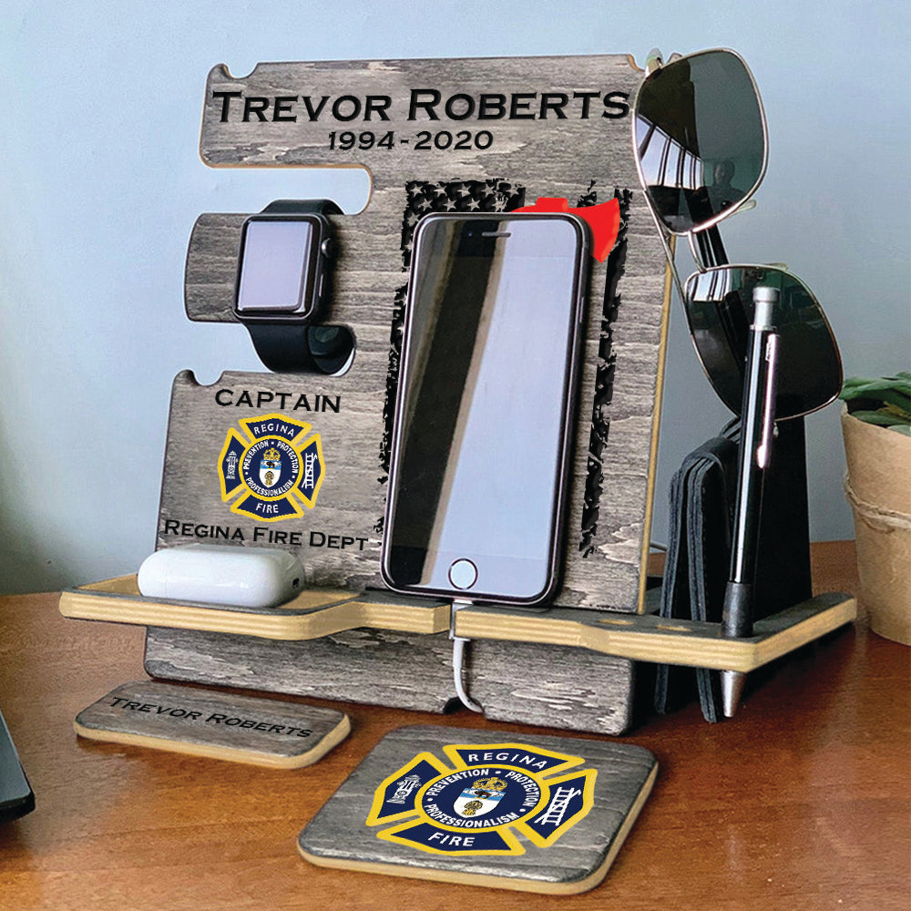 Personalized Gift for Firefighter Wood Docking Station Desk Organizer Custom Fireman Gift Phone Stand H2511