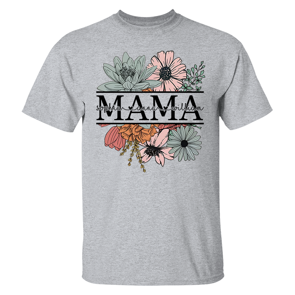 Floral Mama T-Shirt, Custom Mom Shirt With Kids Names