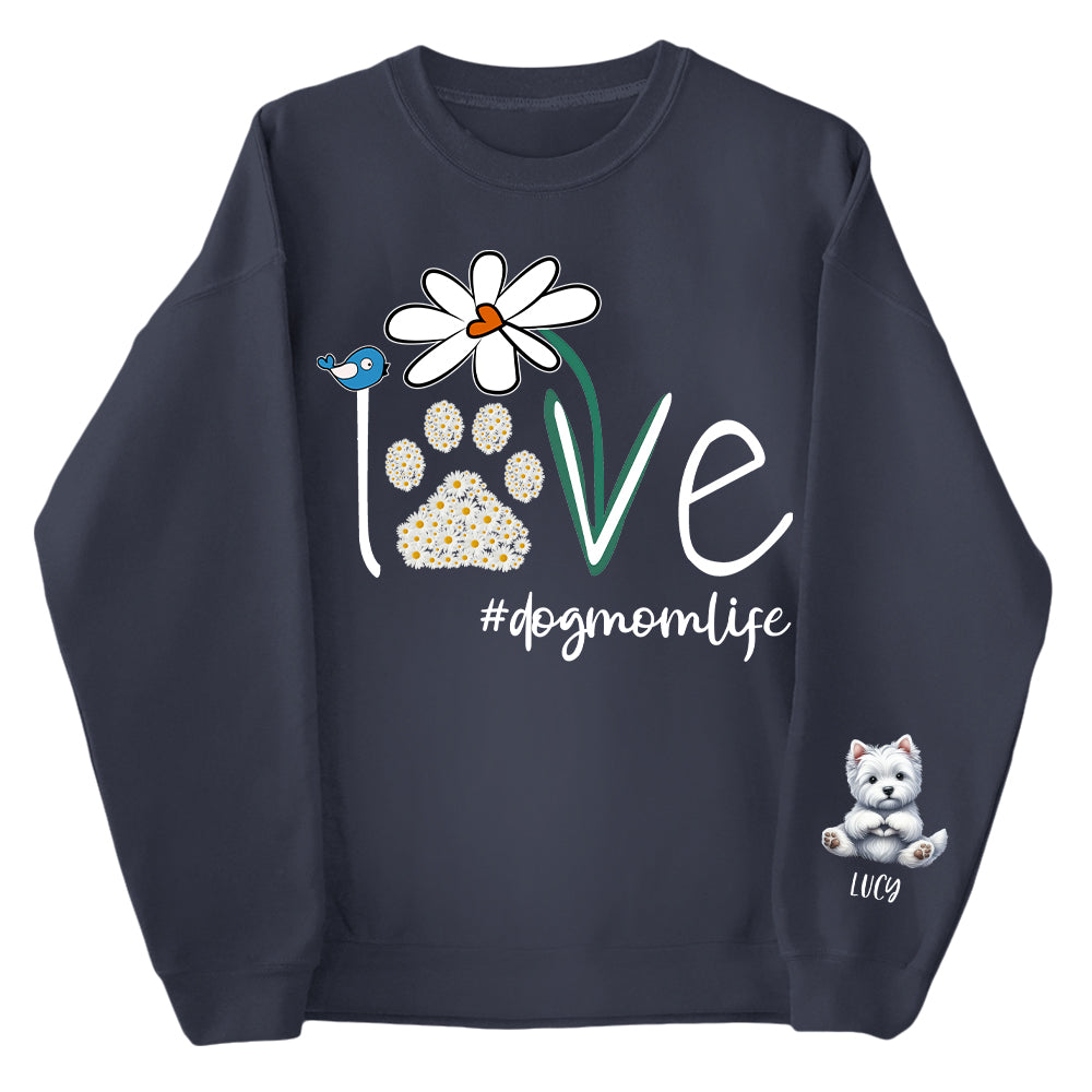 Personalized Love Dog Mom Paw Daisy Flower Shirt - Dogs Giving Heart Hand Sign Cute Art Shirt For Dog Lovers