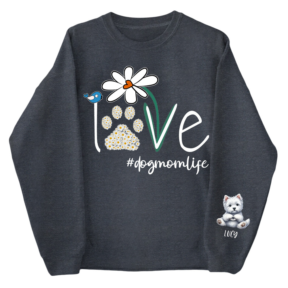 Personalized Love Dog Mom Paw Daisy Flower Shirt - Dogs Giving Heart Hand Sign Cute Art Shirt For Dog Lovers