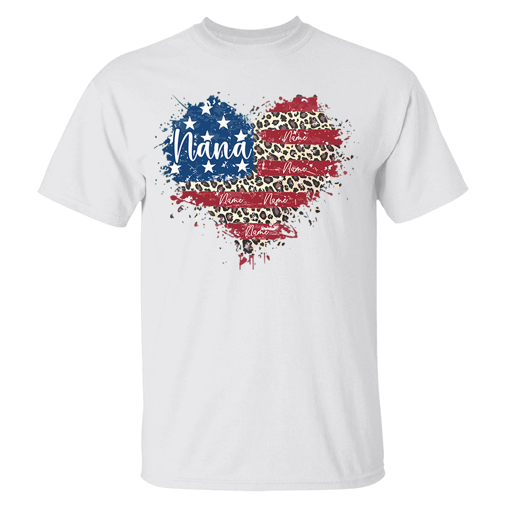 Custom Grandma American Flag Heart Shirt with Kids names, 4th of July Shirt