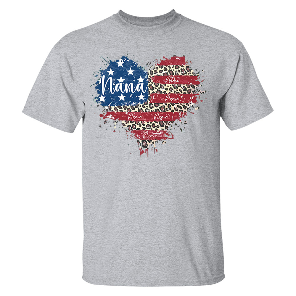 Custom Grandma American Flag Heart Shirt with Kids names, 4th of July Shirt