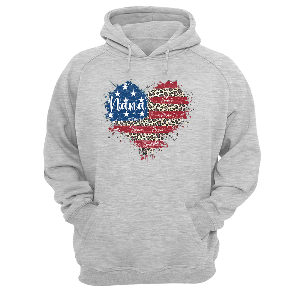 Custom Grandma American Flag Heart Shirt with Kids names, 4th of July Shirt