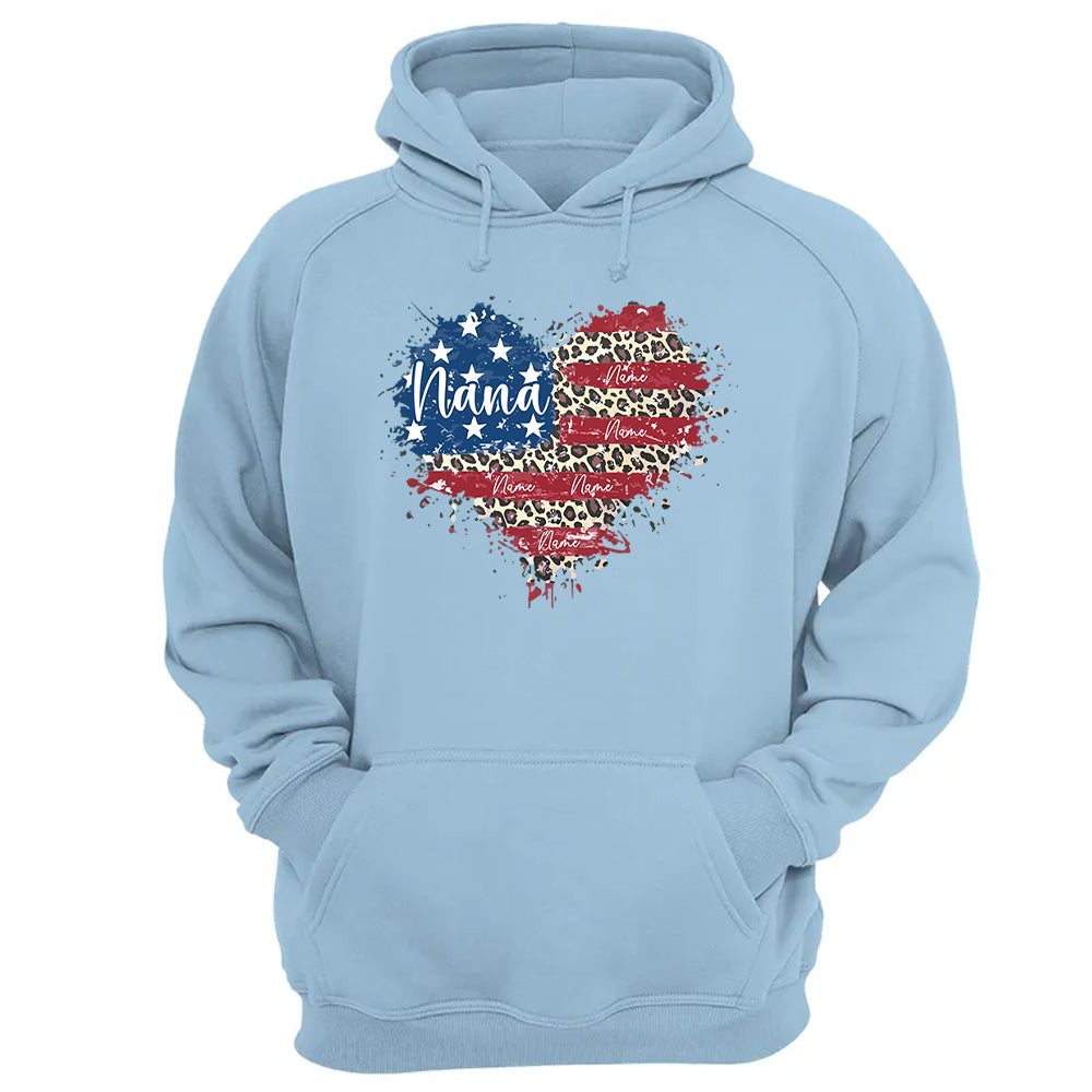 Custom Grandma American Flag Heart Shirt with Kids names, 4th of July Shirt