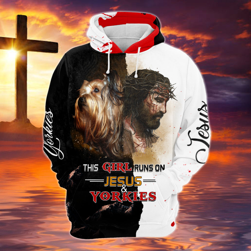 This Girl Runs On Jesus And Yorkies, All Over Printed Shirt For Yorkshire Terrier Mom, Yorkshire Terrier Lovers,