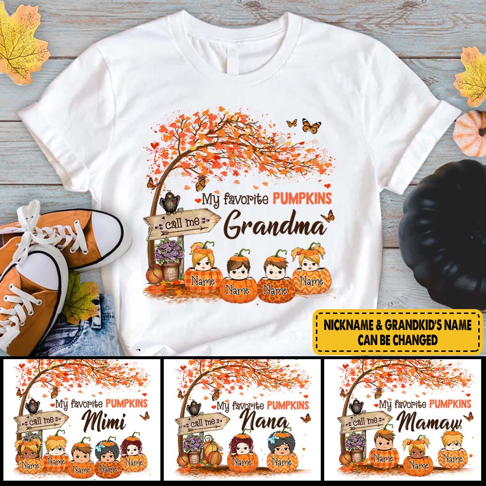 Personalized Grandma Tree Autumn Pumpkin Shirt, Nana Halloween Shirt, Custom Grandma With Grandkids Name Shirt K1702