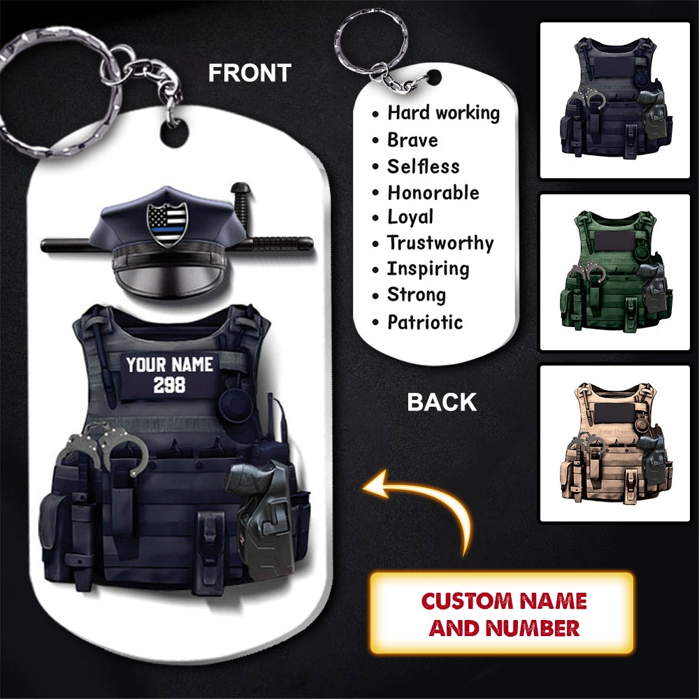 Personalized Police Bulletproof Vest Hard Working Brave Selfless Honorable Loyal Aluminium Keychain