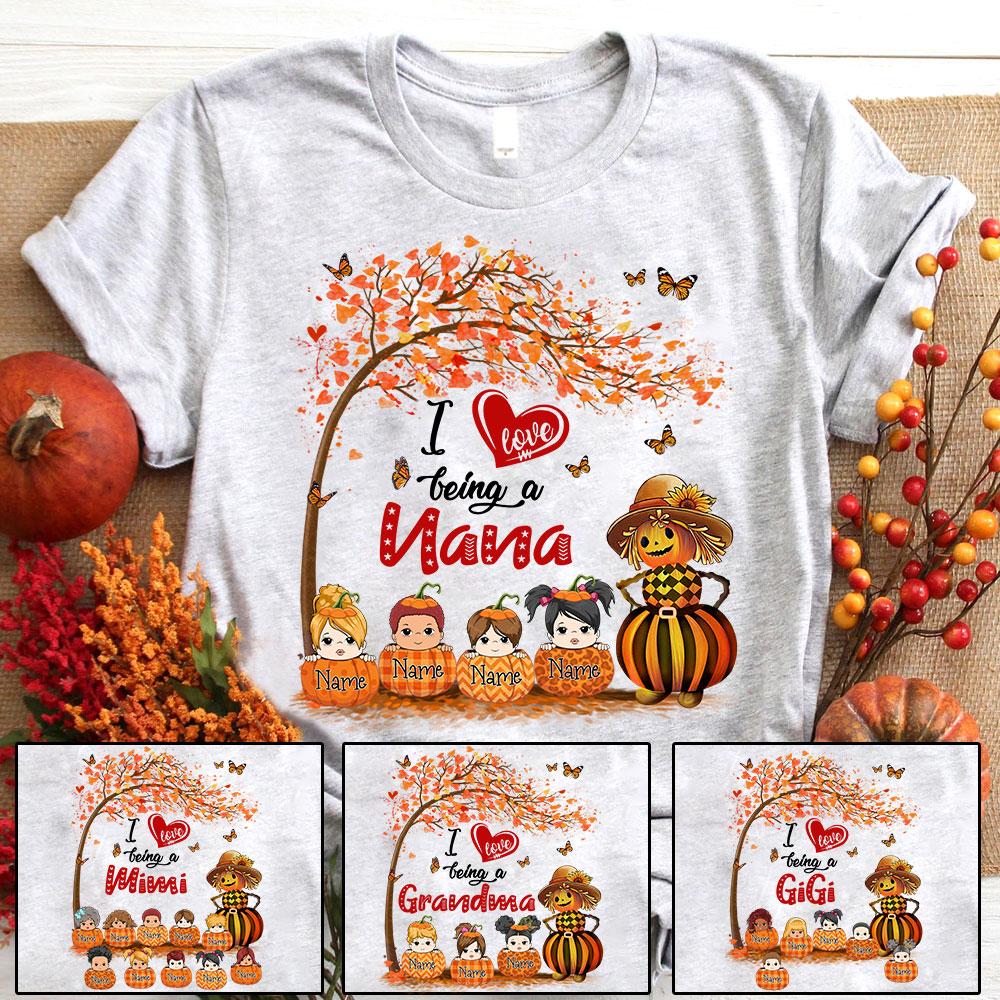 I Love Being A Nana Straw Man Pumpkin Shirt, Grandma Nana Halloween Shirt, Custom Grandma With Grandkids Name Shirt