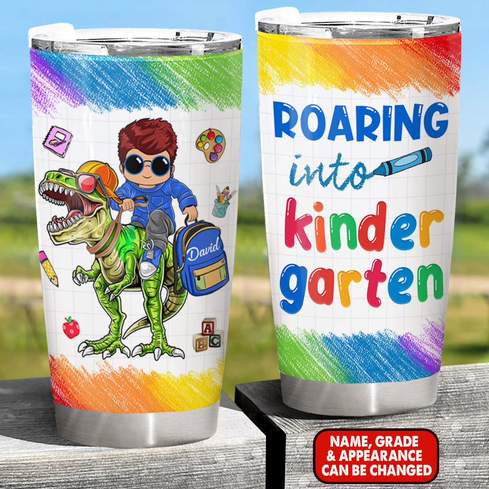 Personalized Roaring Into Kindergarten, Riding Dinosaurs Cool Back To School Tumbler Gift For Kids