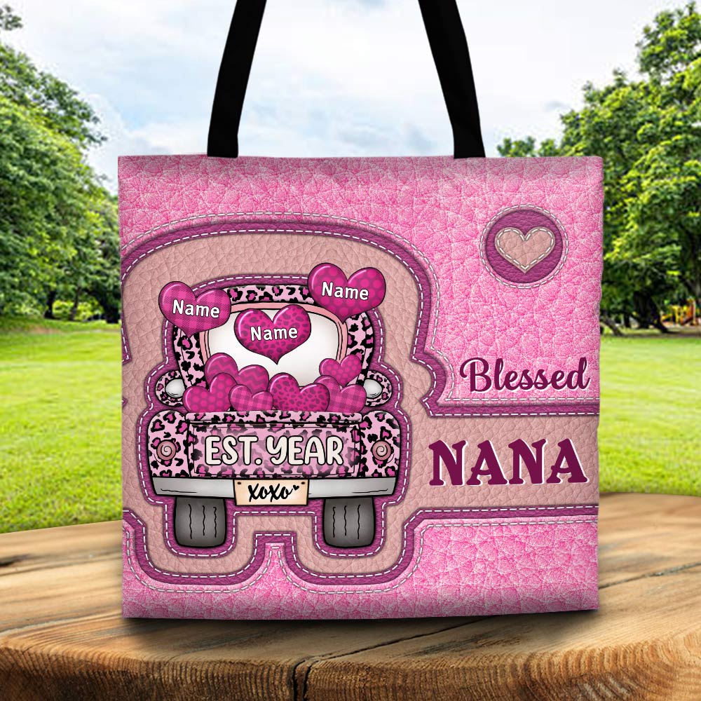 Blessed Grandma Truck Flying Heart Personalized Printed Leather Pattern Personalized Tote Bag For Grandma