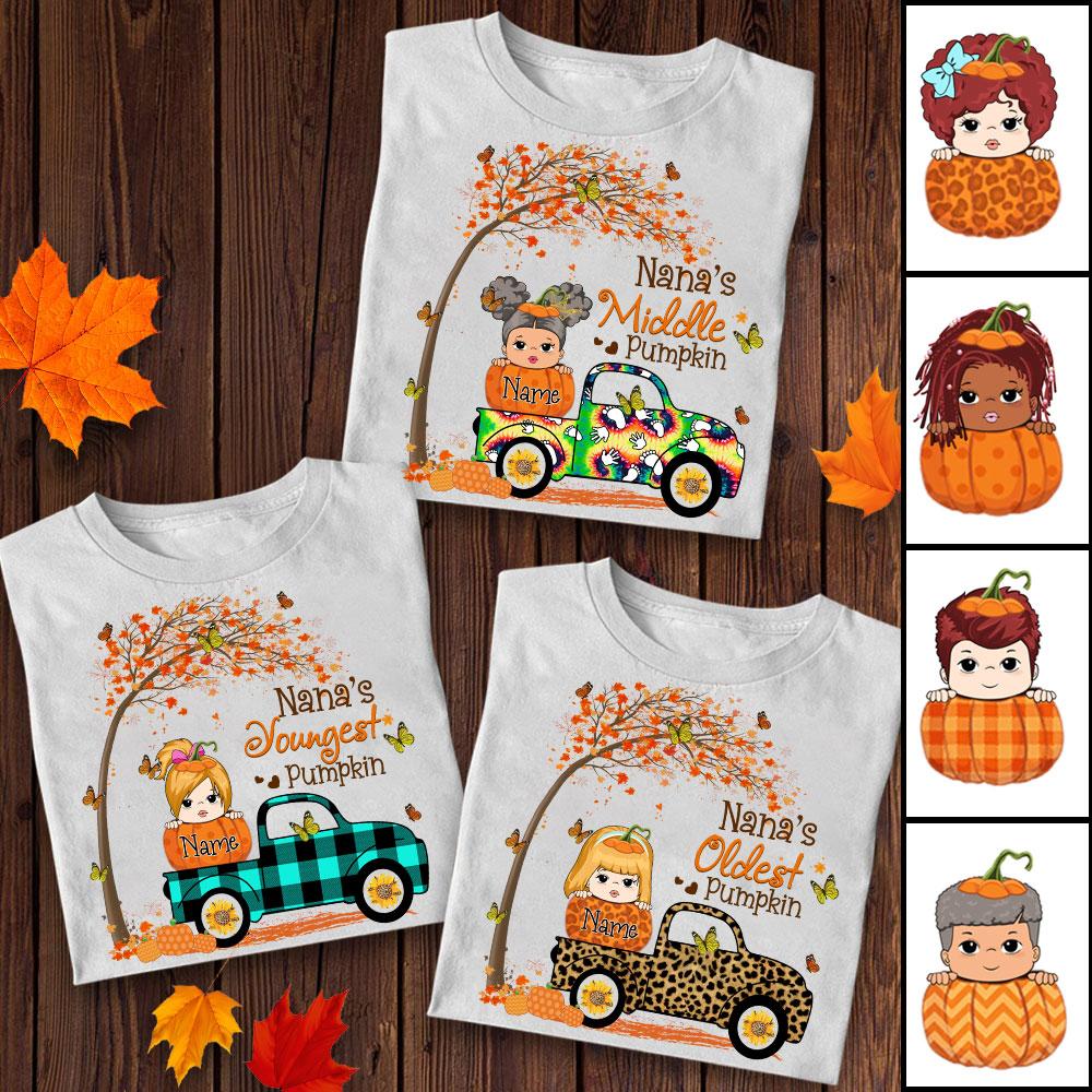 Personalized Grandma's Little Pumpkin Autumn Truck Shirt For Kids.