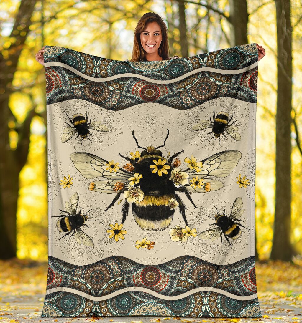 Blanket Gift For Bee Lovers - Bee Blanket - Bee Gift - Bee Boho Mandala Blanket - Cute Bee With Flower Blanket