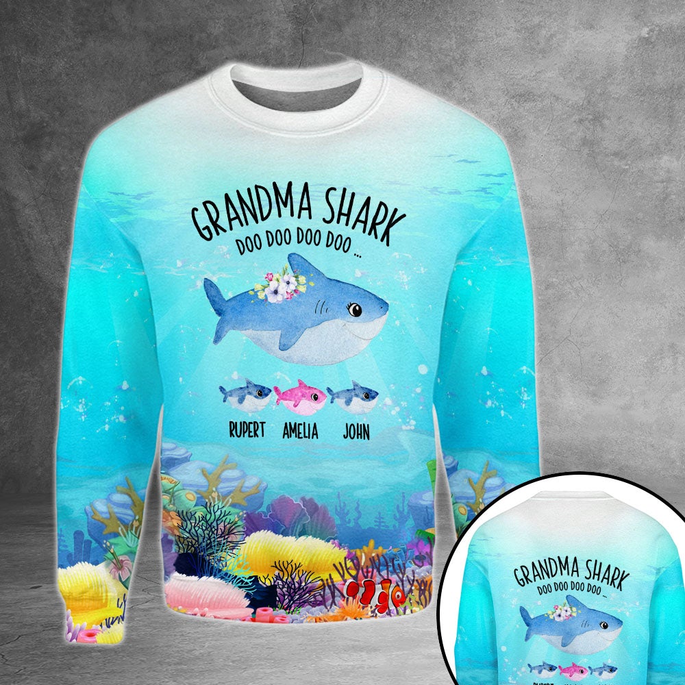 Personalized Grandma Shark Doo Doo Under The Sea 3D Shirt Grandma With Grandkids Name Cute Shark 3D All Over Print Hoodie Zip Hoodie
