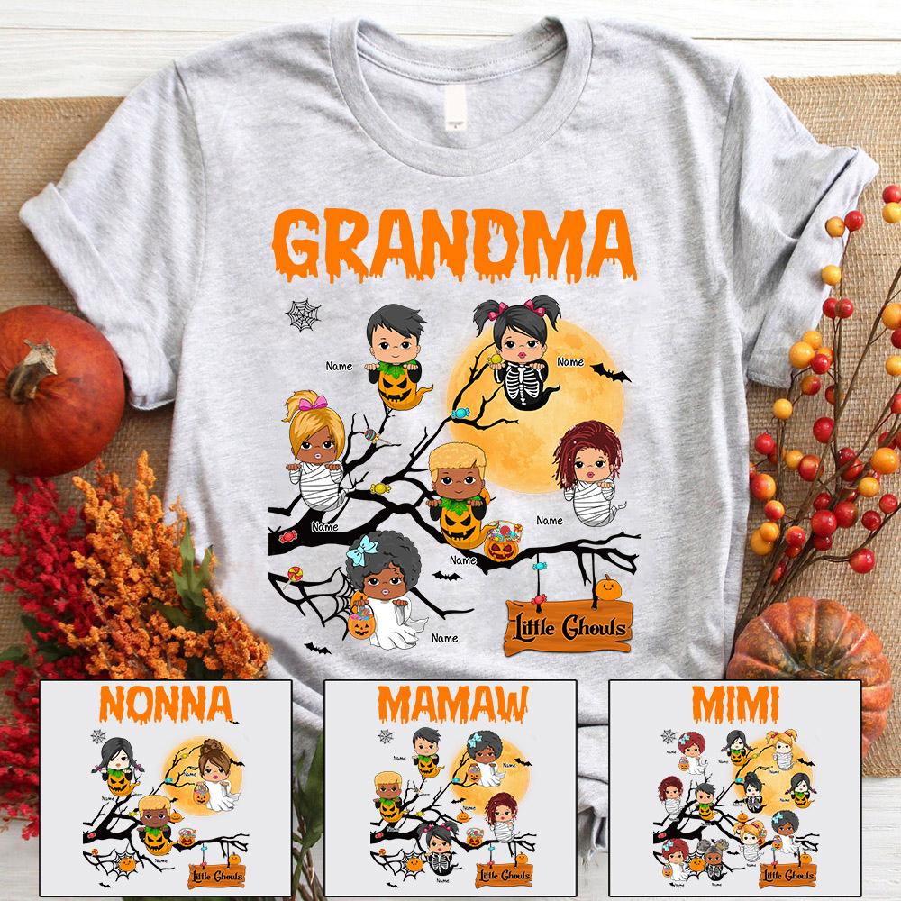 Grandma Little Ghouls Halloween Shirt, Funny Grandma Nana Mimi Halloween Shirt, Custom Grandma With Grandkids Name Shirt.
