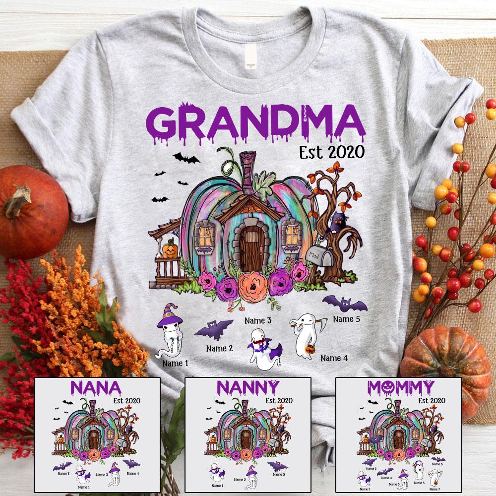 Personalized Grandma Est Pumpkin House Shirt, Grandma Nana Mimi Halloween Shirt, Custom Grandma With Grandkids Name Shirt.