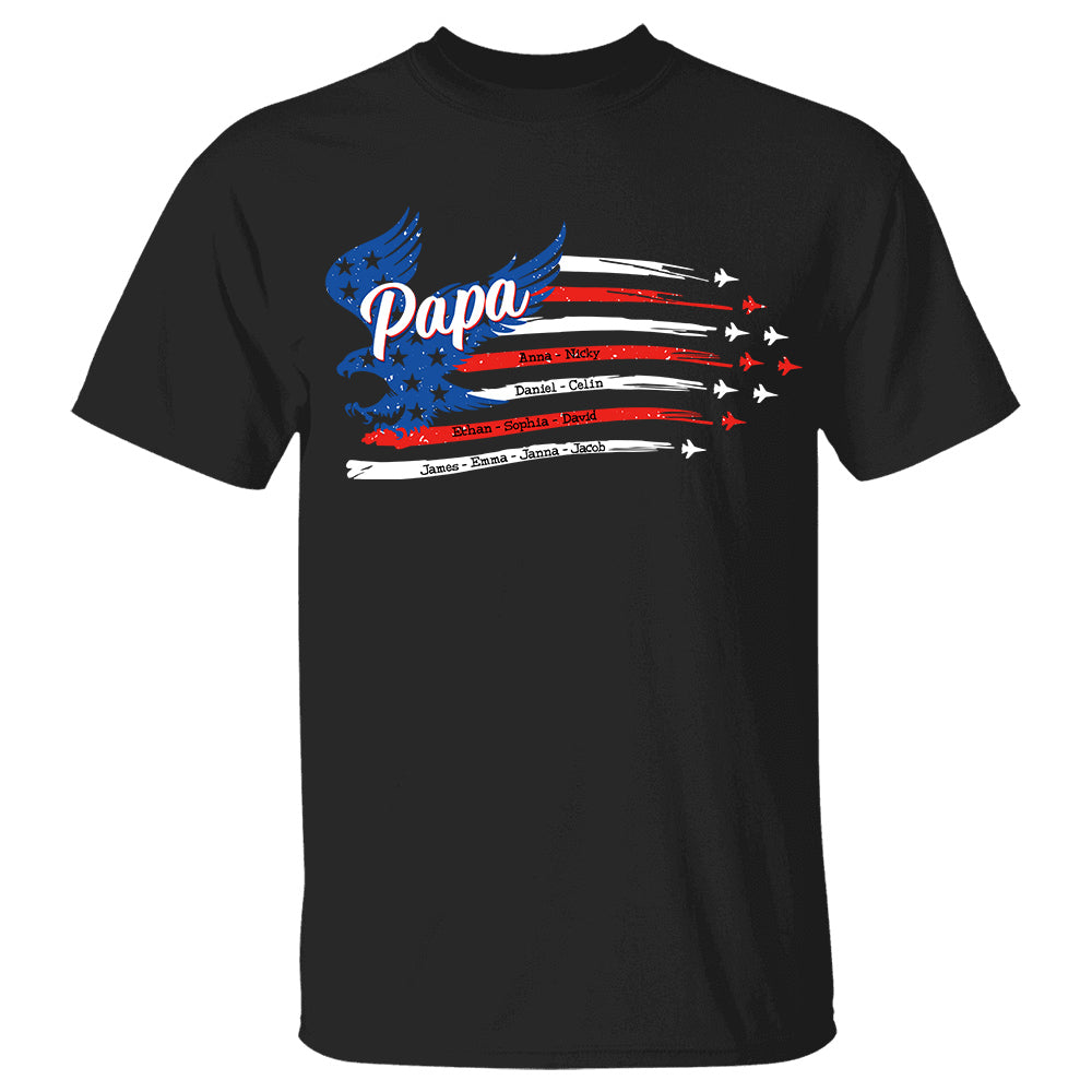 Papa with Grandkids Names 4th Of July Red White Blue Air Force Flyover Personalized Shirt For Grandpas