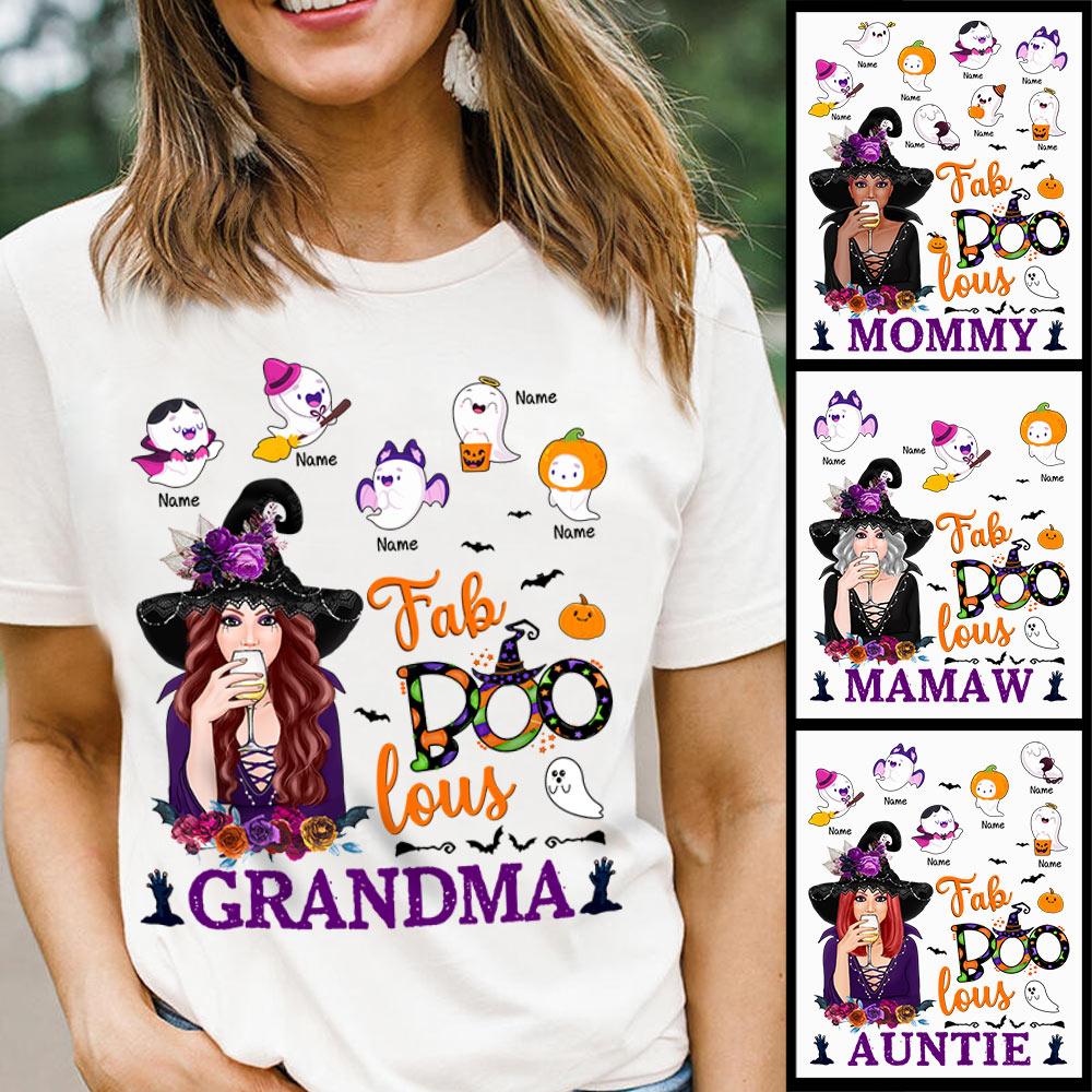 Personalized Fabboolous Grandma Halloween With Little Boo Shirt, Grandma Nana Halloween Shirt, Custom Grandma With Grandkids Name Shirt.